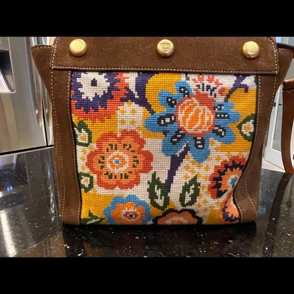 TORY BURCH COLORFUL NEEDLEPOINT & BROWN SUEDE BERMUDA HANDBAG DETACHABLE STRAP - Picture 6 of 16